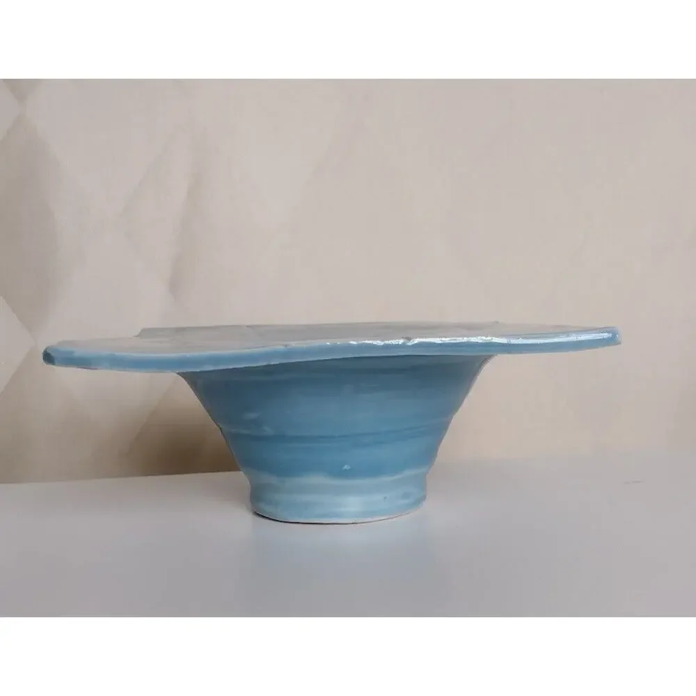 Ikebana Ceramic Vase, Unusual Square Shape with Leaf Imprints, Aqua‎ Blue